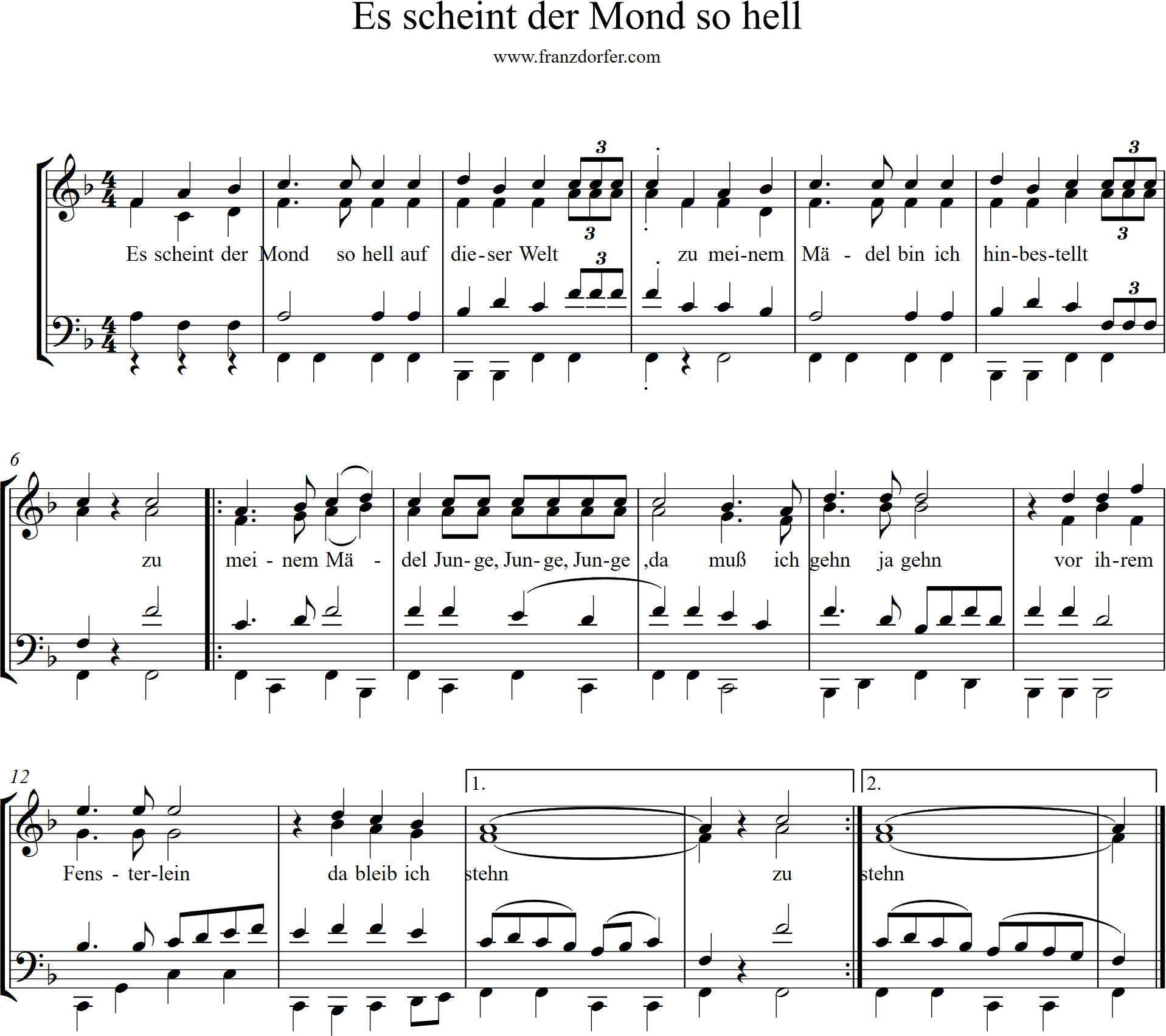 Es scheint der mond- Noten für Posaunenchor- klassisch Posaunenchor- Es scheint der Mond so hell-auf 2 systeme